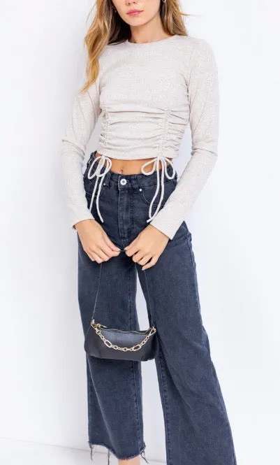 Crew Neck Double Ruch Long Sleeve Crop Top