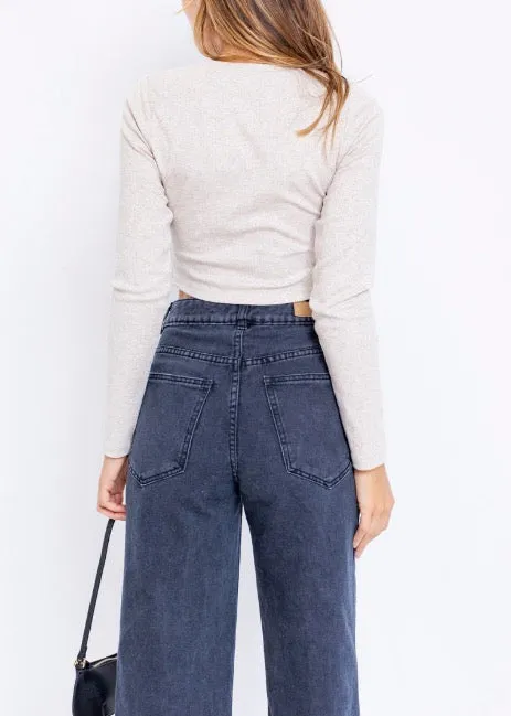 Crew Neck Double Ruch Long Sleeve Crop Top