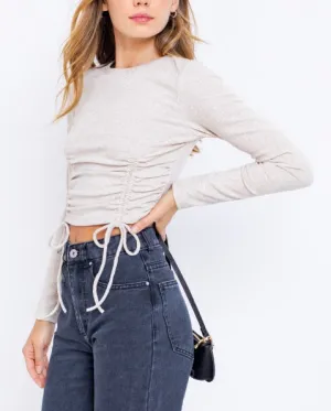 Crew Neck Double Ruch Long Sleeve Crop Top
