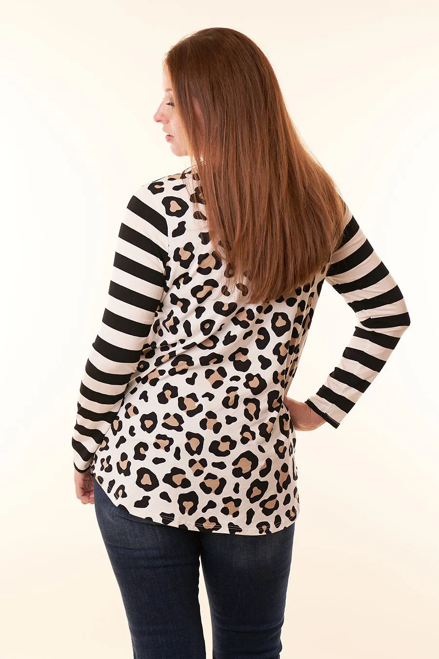 Cute & Sassy Leopard Top With Striped Sleeves