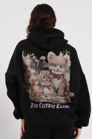 Cute Oversized Printed Hoody - Black