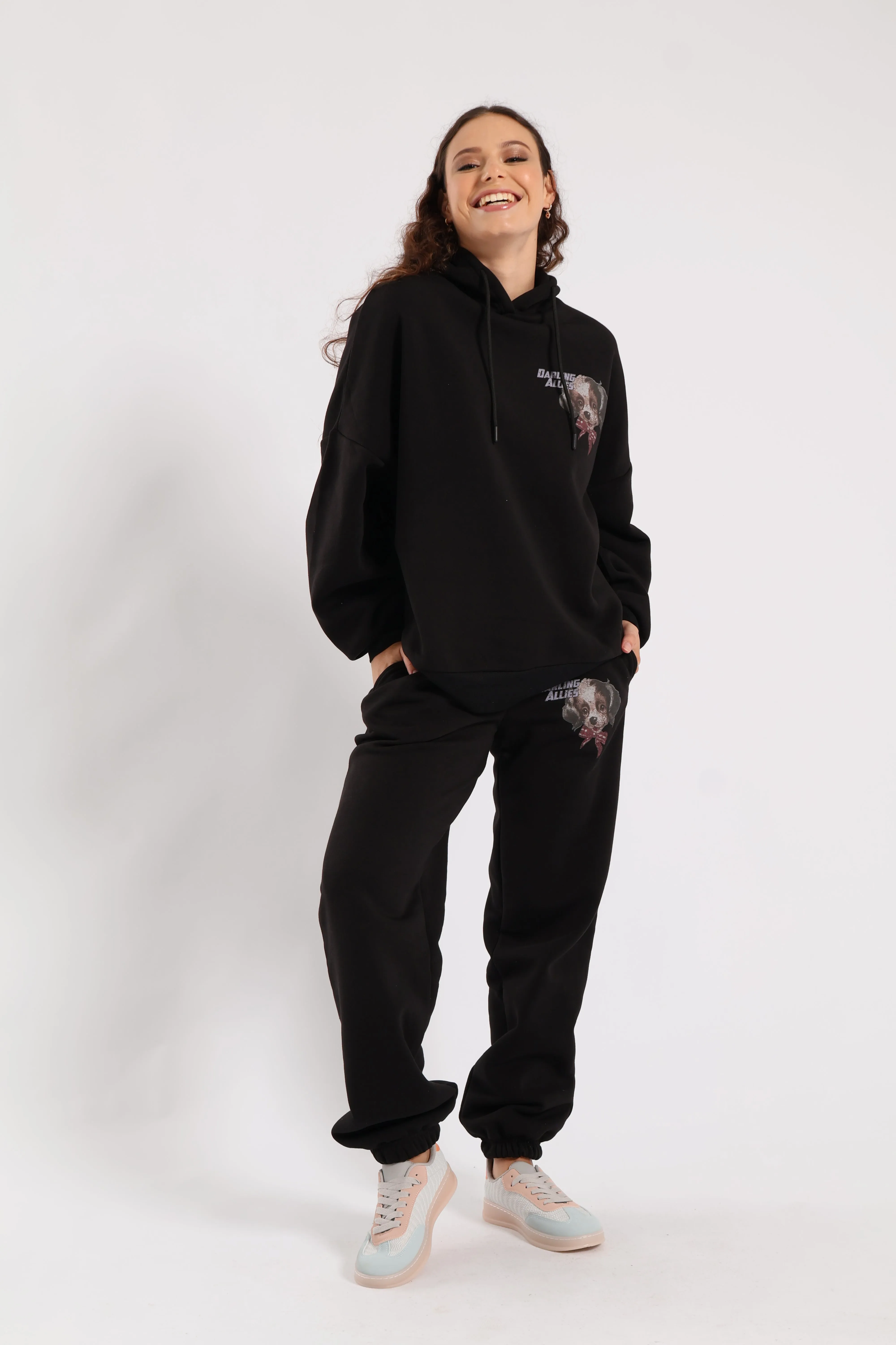 Cute Oversized Printed Hoody - Black