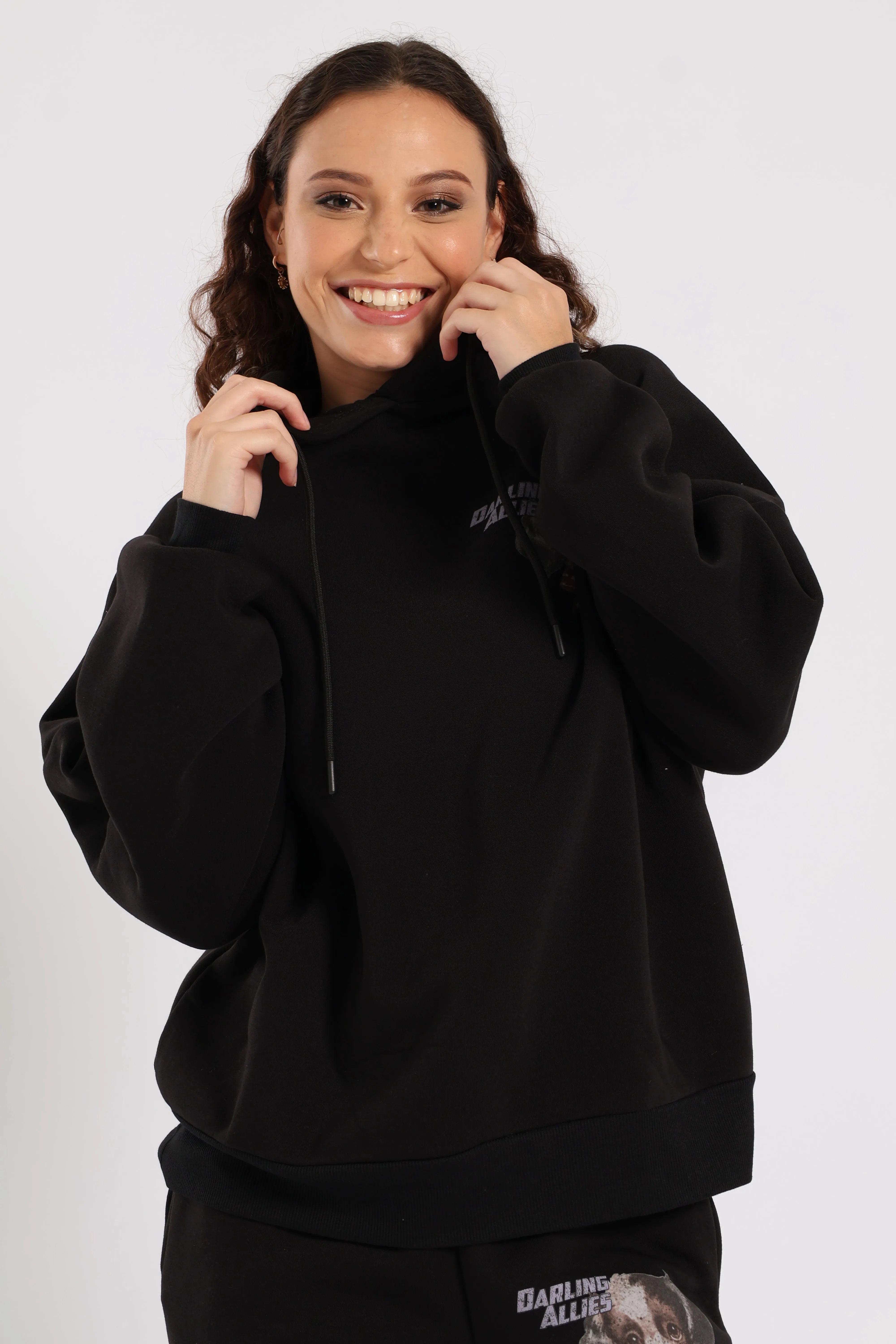 Cute Oversized Printed Hoody - Black