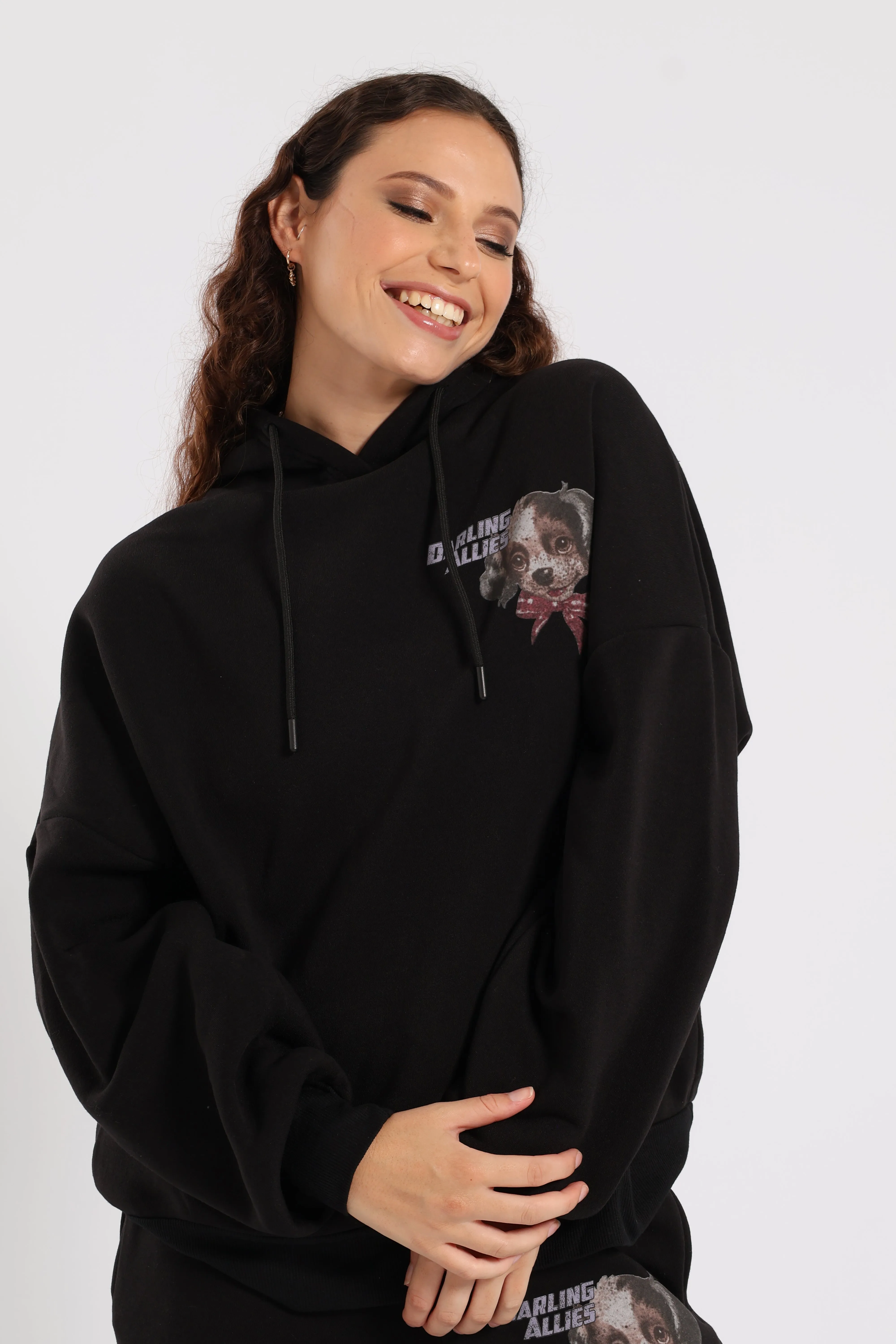 Cute Oversized Printed Hoody - Black