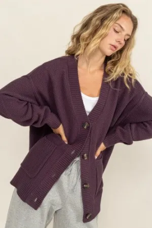 Dark Plum Dense Woven Button Front Sweater Cardigan