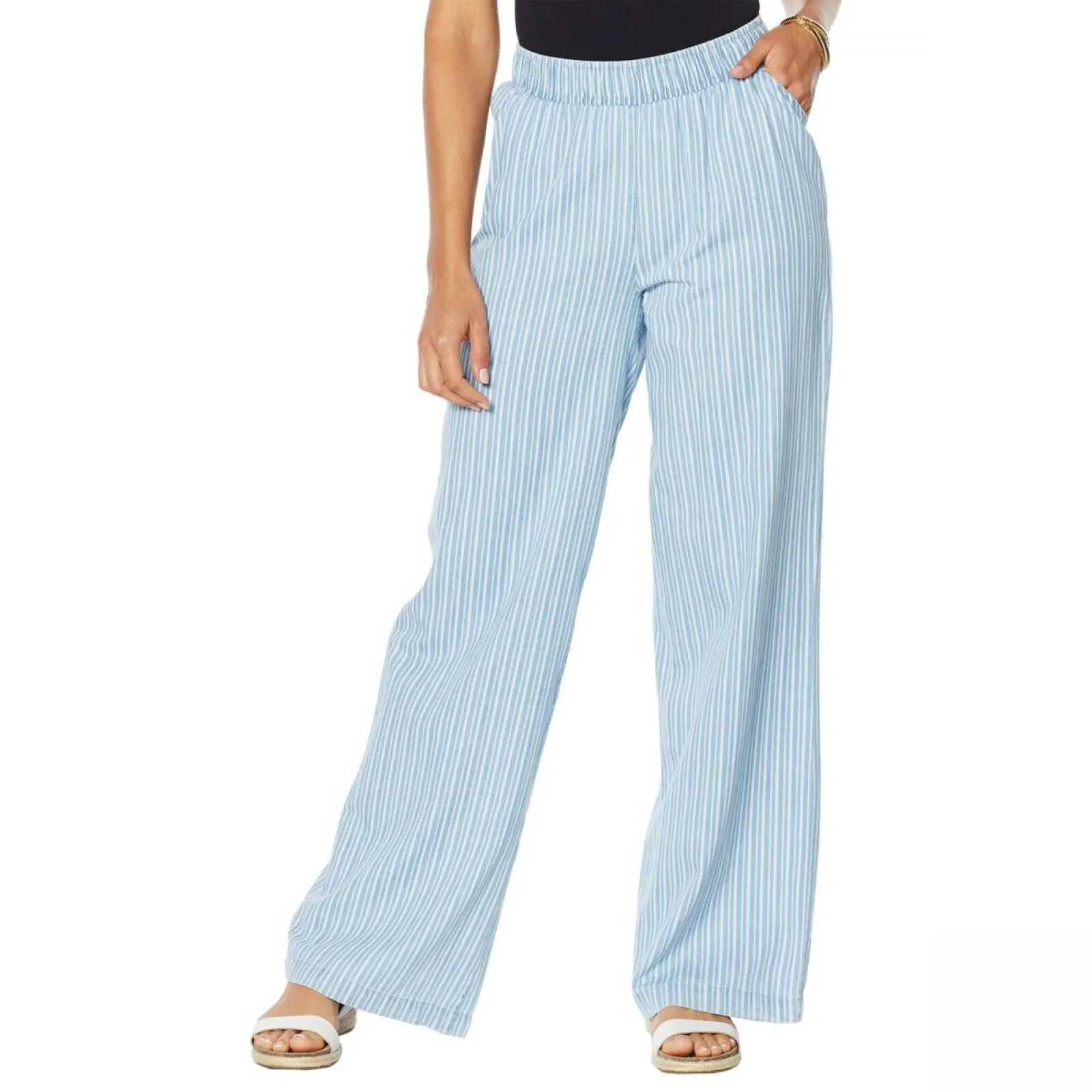DG2 by Diane Gilman SoftCell Wide Leg Pants Chambray Stripe Small