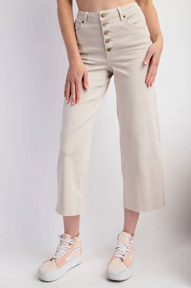 Ecru Button Front Wide Leg Pants