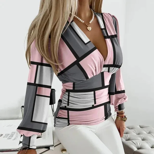 Elegant Long-Sleeve Top with V-Neck and Lantern Sleeves for the Perfect Autumn Look by Laura