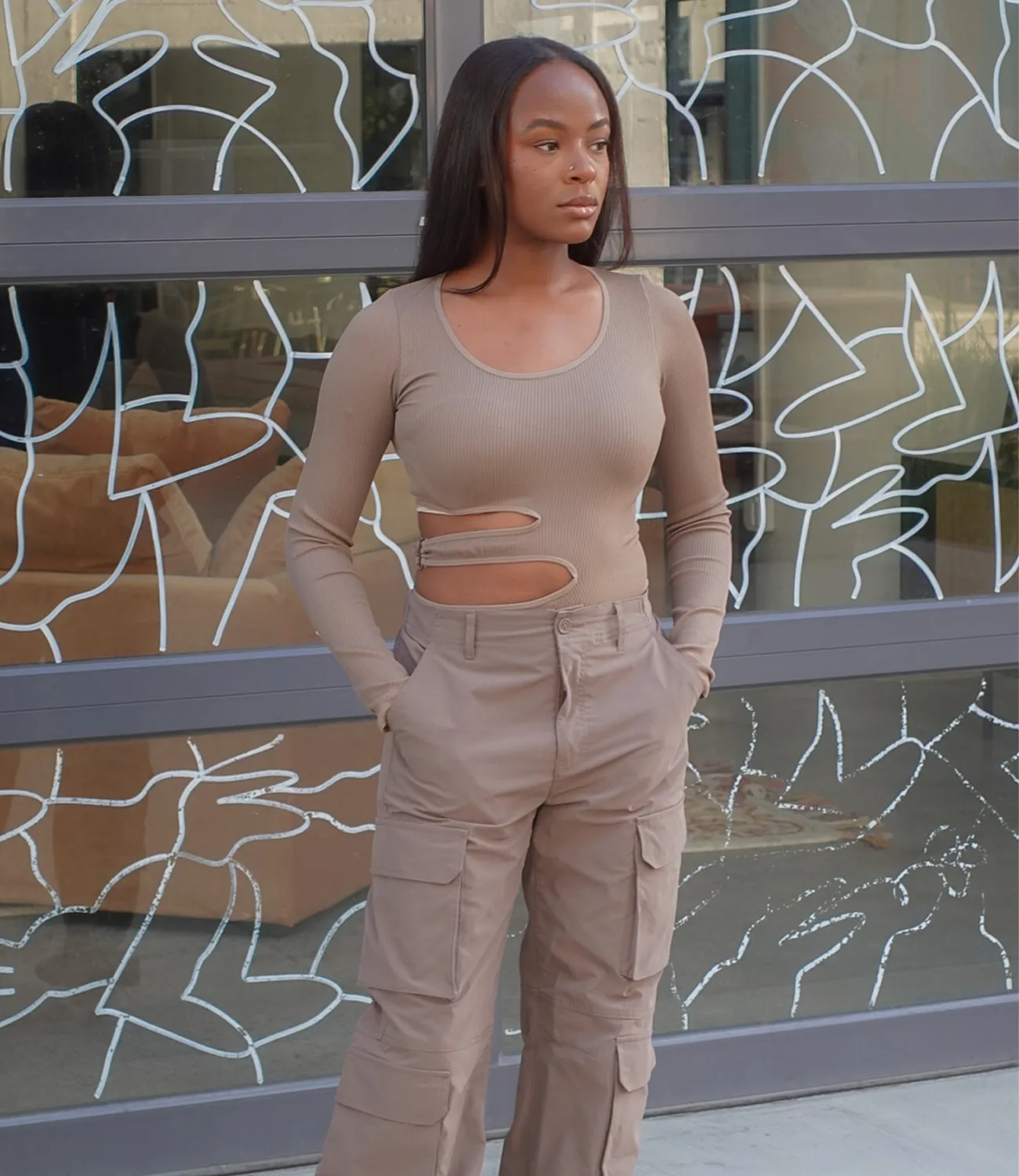 Eliza Cutout Long Sleeve Bodysuit(Dark Mocha)