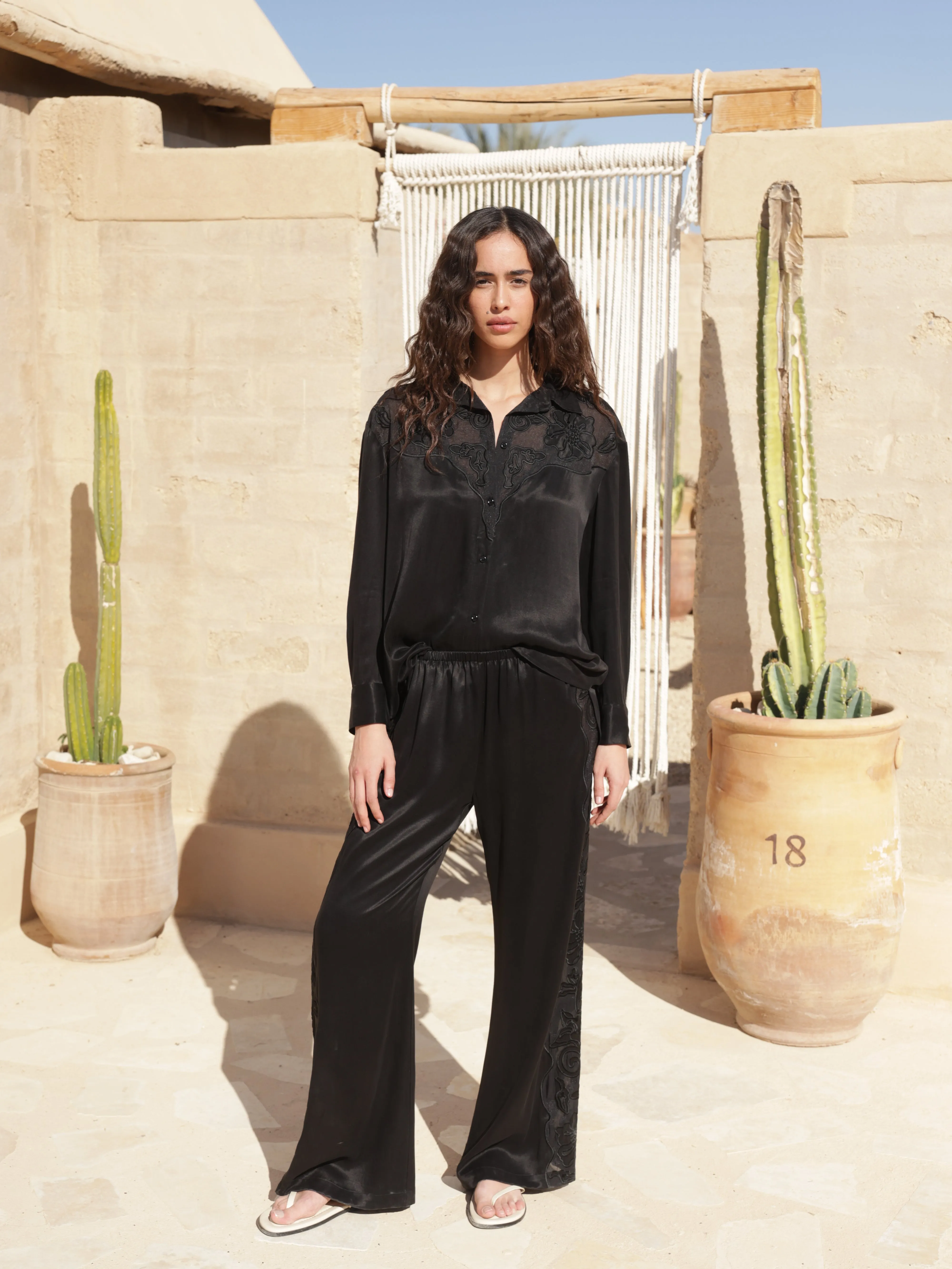 Embroidered Wide Leg Rubber Pants