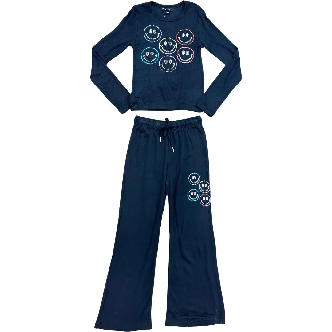 FBZ Rhinestone Smiley Face Wide Leg Black Pants