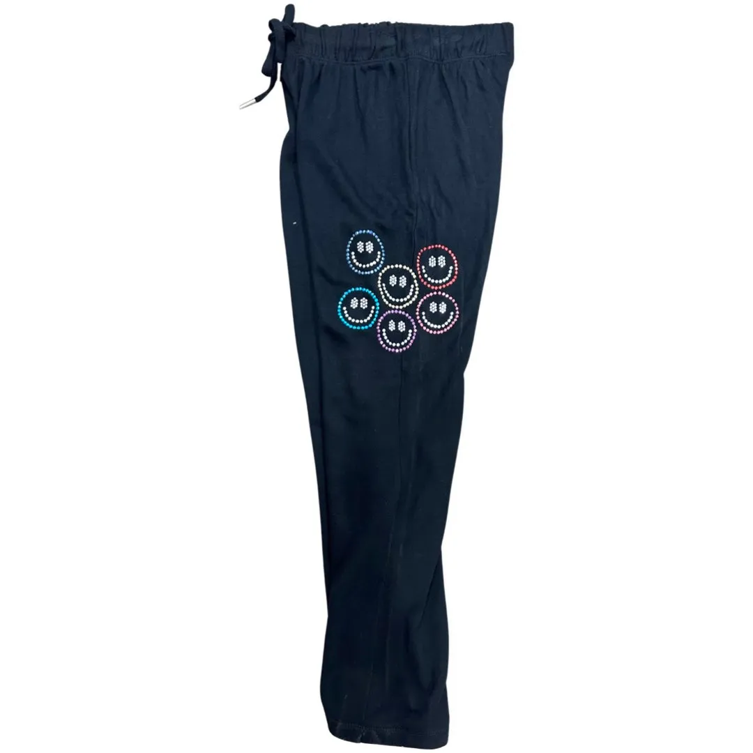 FBZ Rhinestone Smiley Face Wide Leg Black Pants