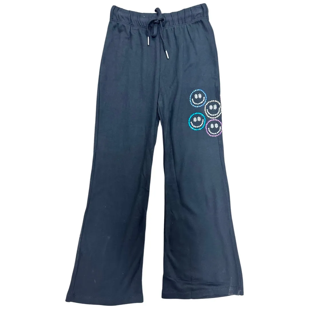 FBZ Rhinestone Smiley Face Wide Leg Black Pants