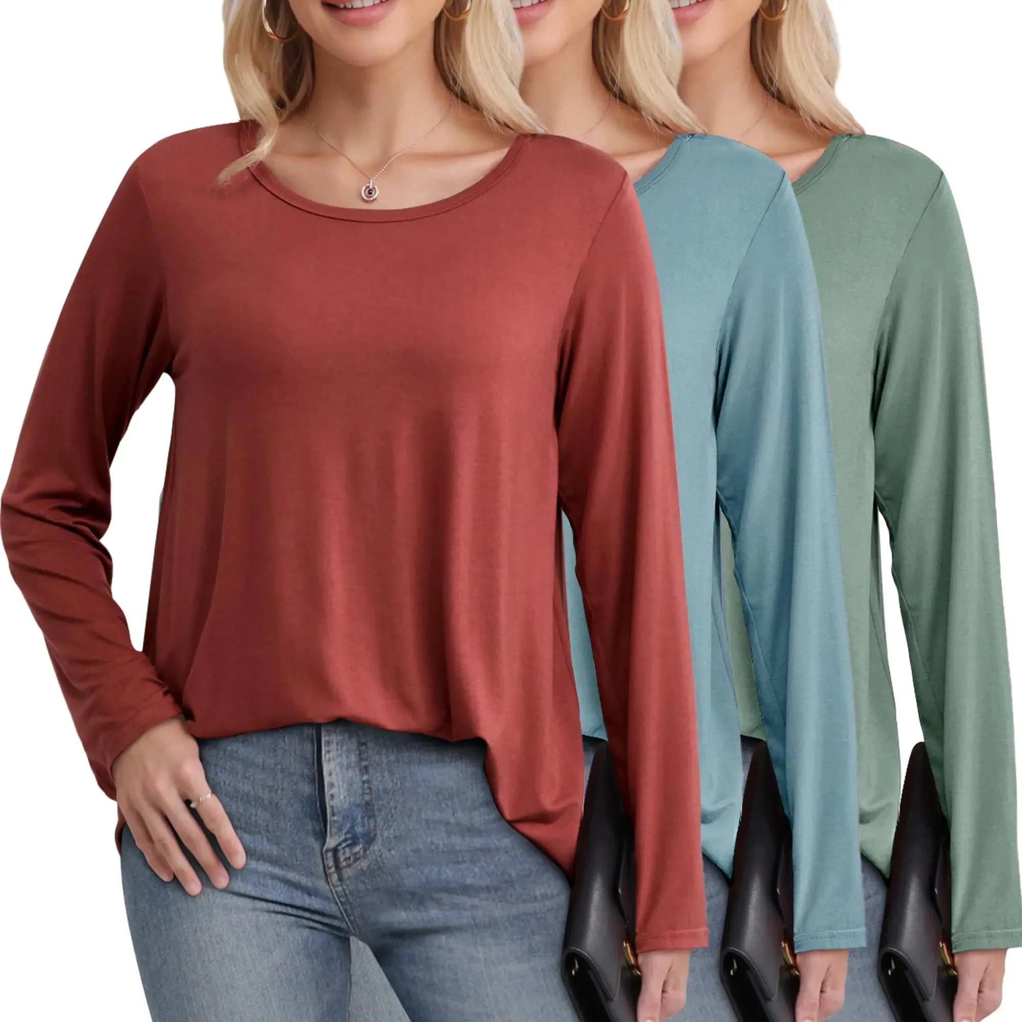 FEQO 3 Pack Womens Long Sleeve Shirts Loose Fit Casual Fall Tops Crewneck Long Sleeve Shirts for Women Ladies Basic Long Sleeve Tops M(BlueOliveRed)