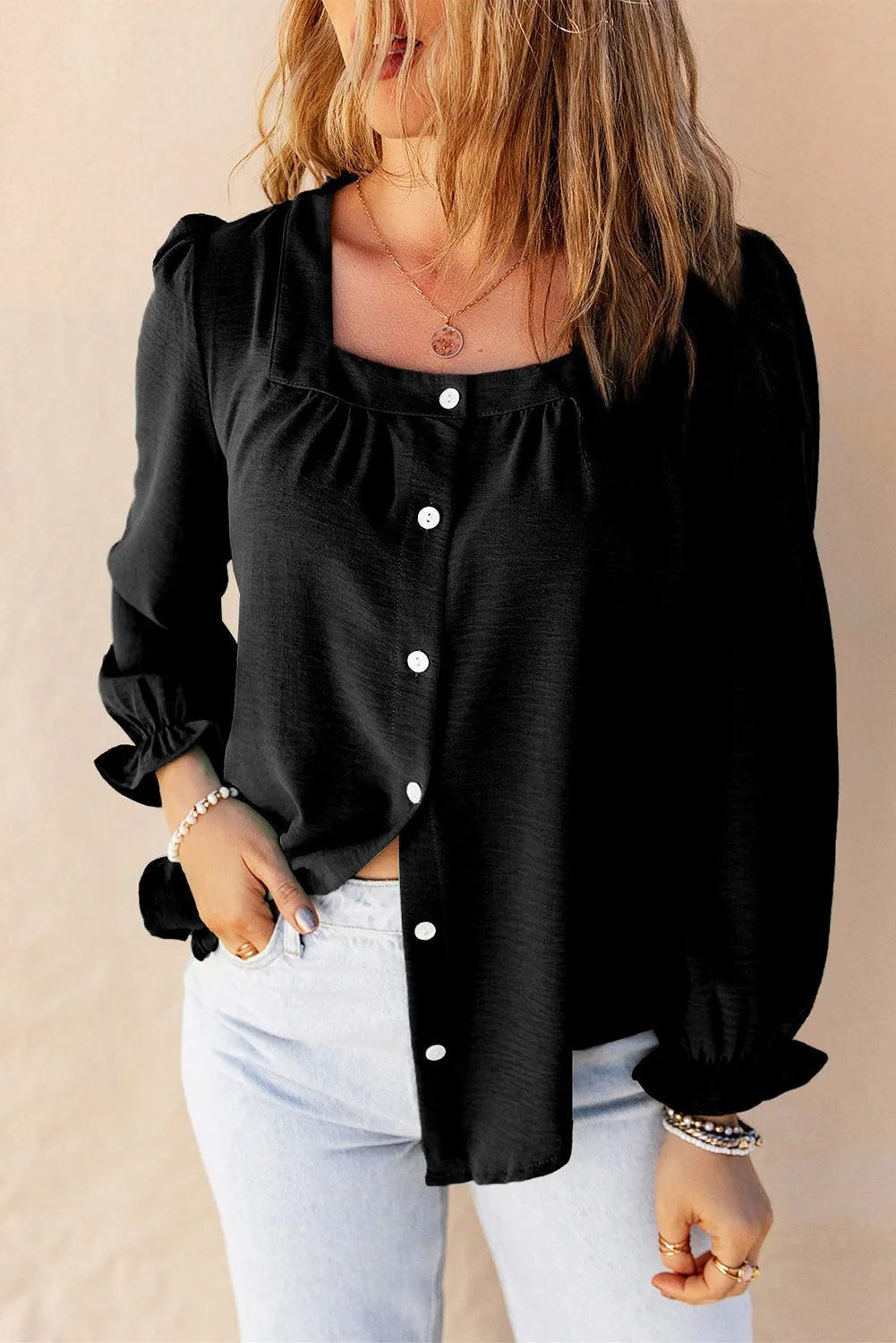 Flounce Sleeve Button-Up Shirt