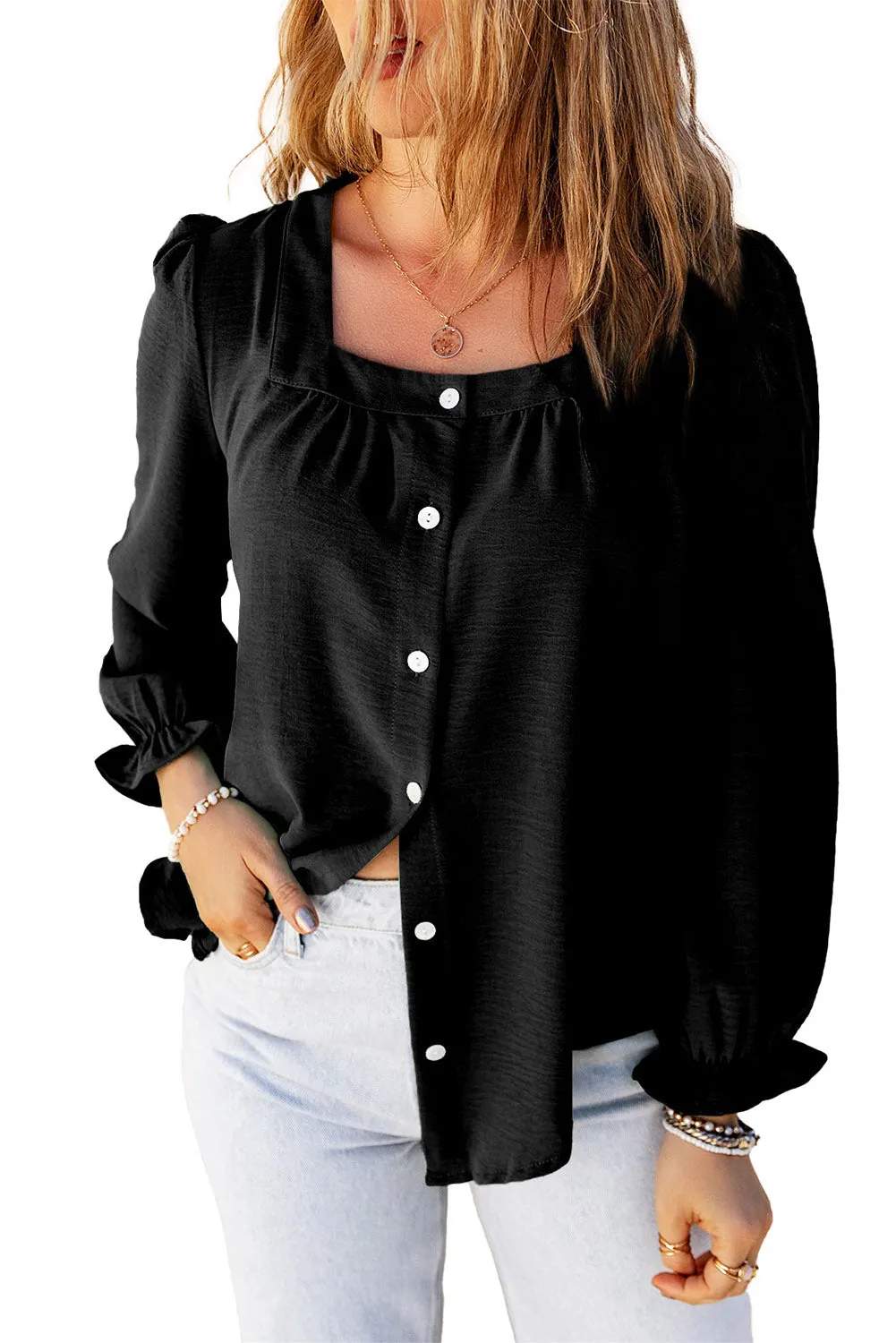 Flounce Sleeve Button-Up Shirt