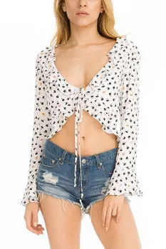 Flower Print Bell Sleeve Tie Front Ruffle Crop Top