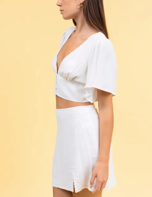 Flowy Short Sleeve Vneck Macrame Detail Button Crop Top