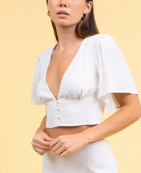 Flowy Short Sleeve Vneck Macrame Detail Button Crop Top