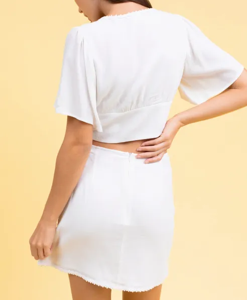 Flowy Short Sleeve Vneck Macrame Detail Button Crop Top