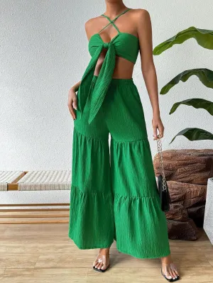 Frenchy Halter Top And Wide-Leg Pants With Ruffle Hem