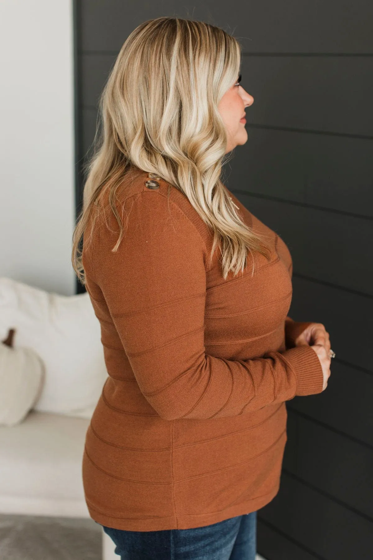 From The Heart Button Knit Sweater- Dark Camel
