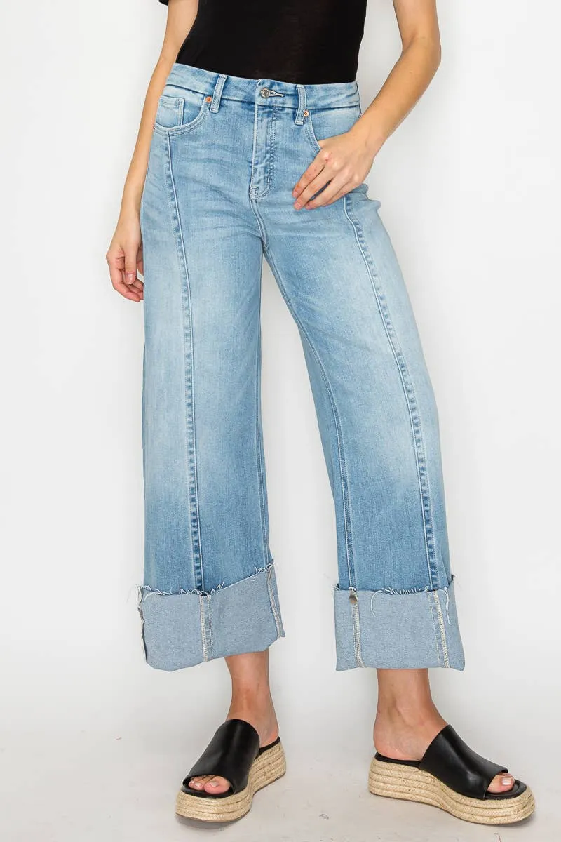 Front Hem Detailing Mid Rise Baggy Wide Leg Jean