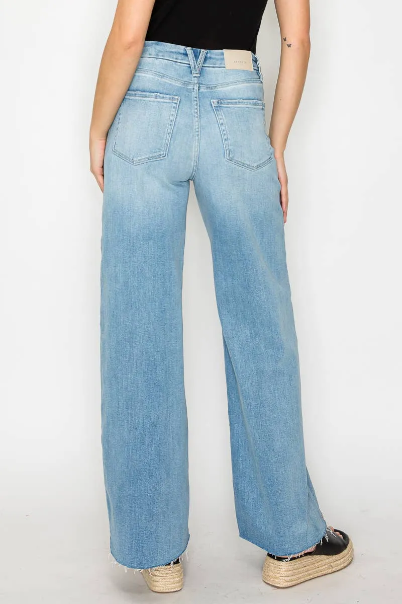 Front Hem Detailing Mid Rise Baggy Wide Leg Jean