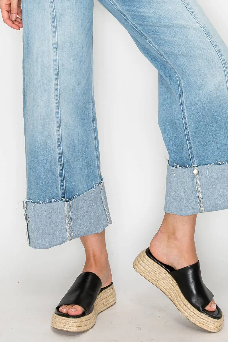 Front Hem Detailing Mid Rise Baggy Wide Leg Jean