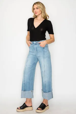 Front Hem Detailing Mid Rise Baggy Wide Leg Jean