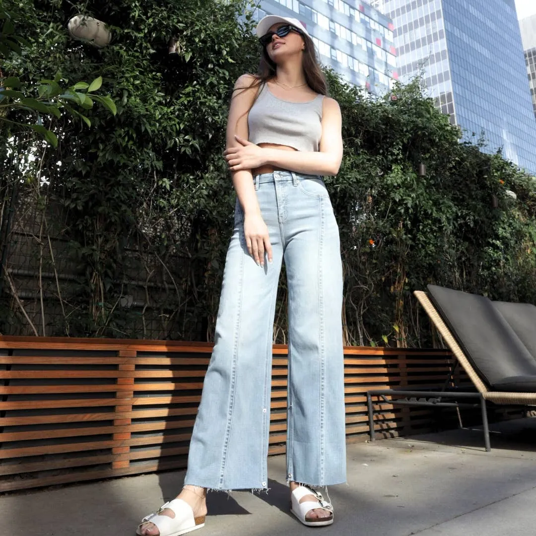 Front Hem Detailing Mid Rise Baggy Wide Leg Jean
