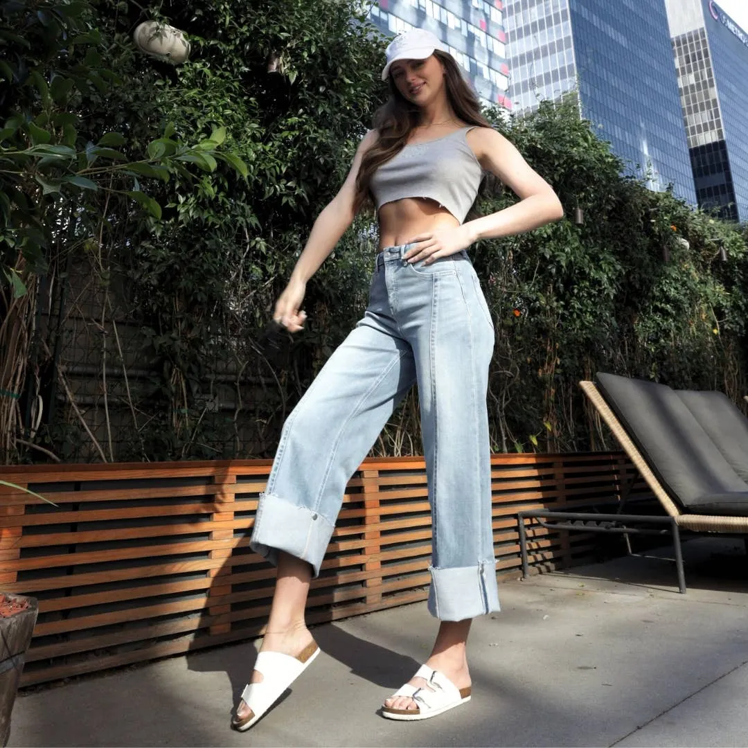 Front Hem Detailing Mid Rise Baggy Wide Leg Jean
