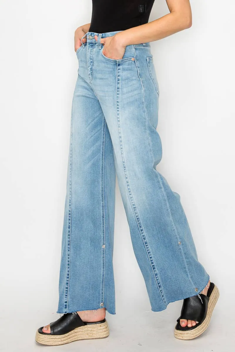Front Hem Detailing Mid Rise Baggy Wide Leg Jean