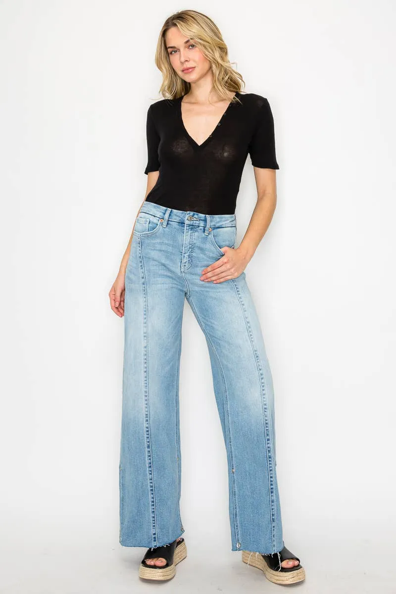 Front Hem Detailing Mid Rise Baggy Wide Leg Jean