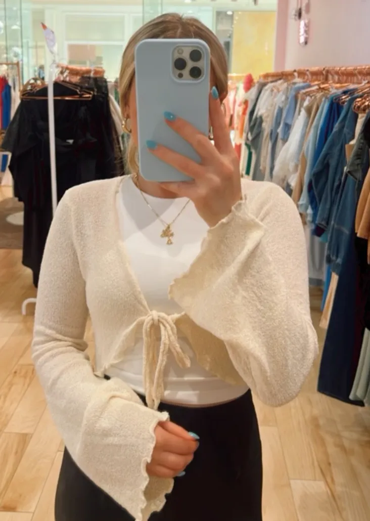 Front Tie Sheer Long Sleeve Sweater