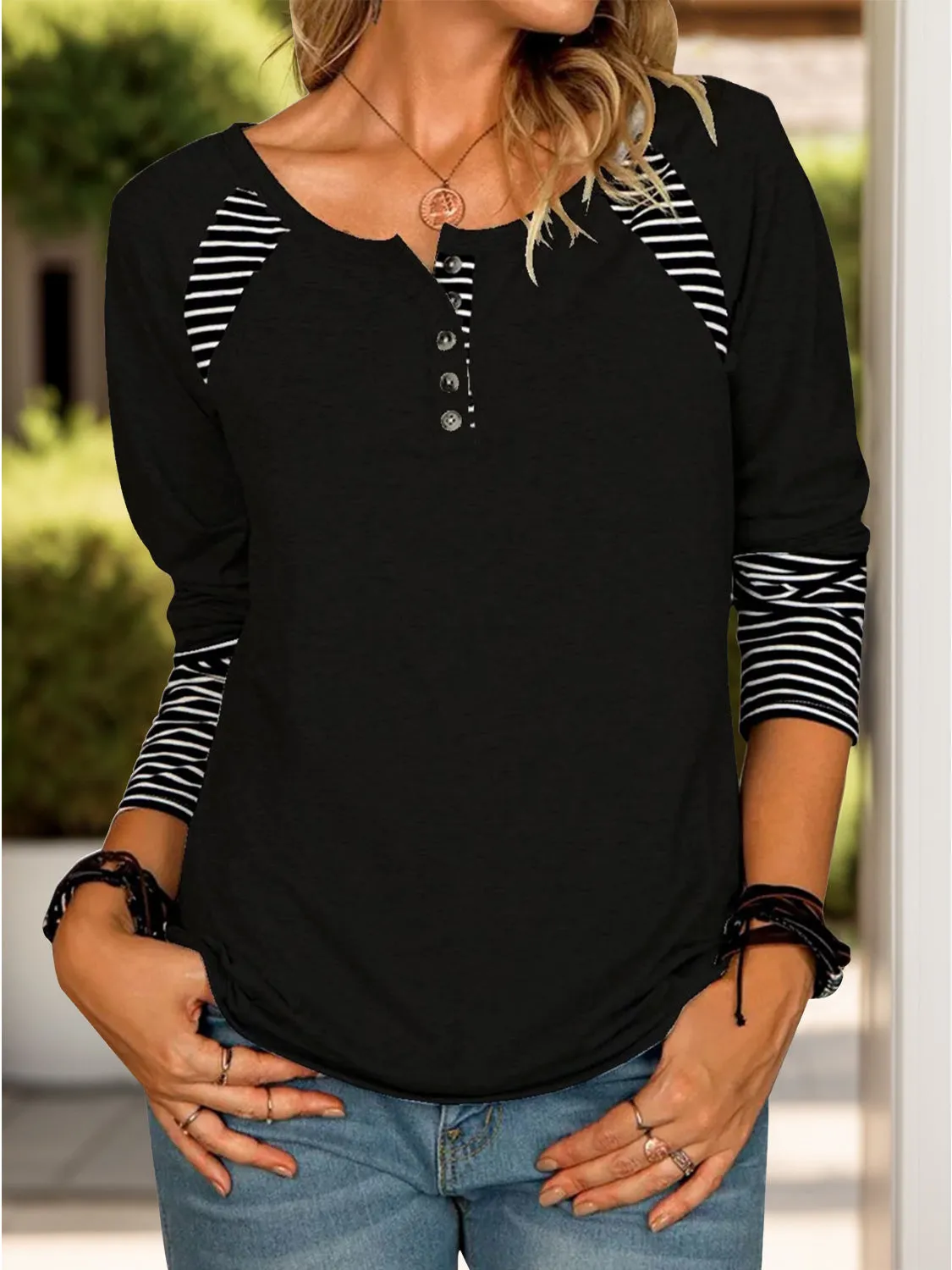 Full Size Striped Quarter Button Long Sleeve Top (6 Colors)