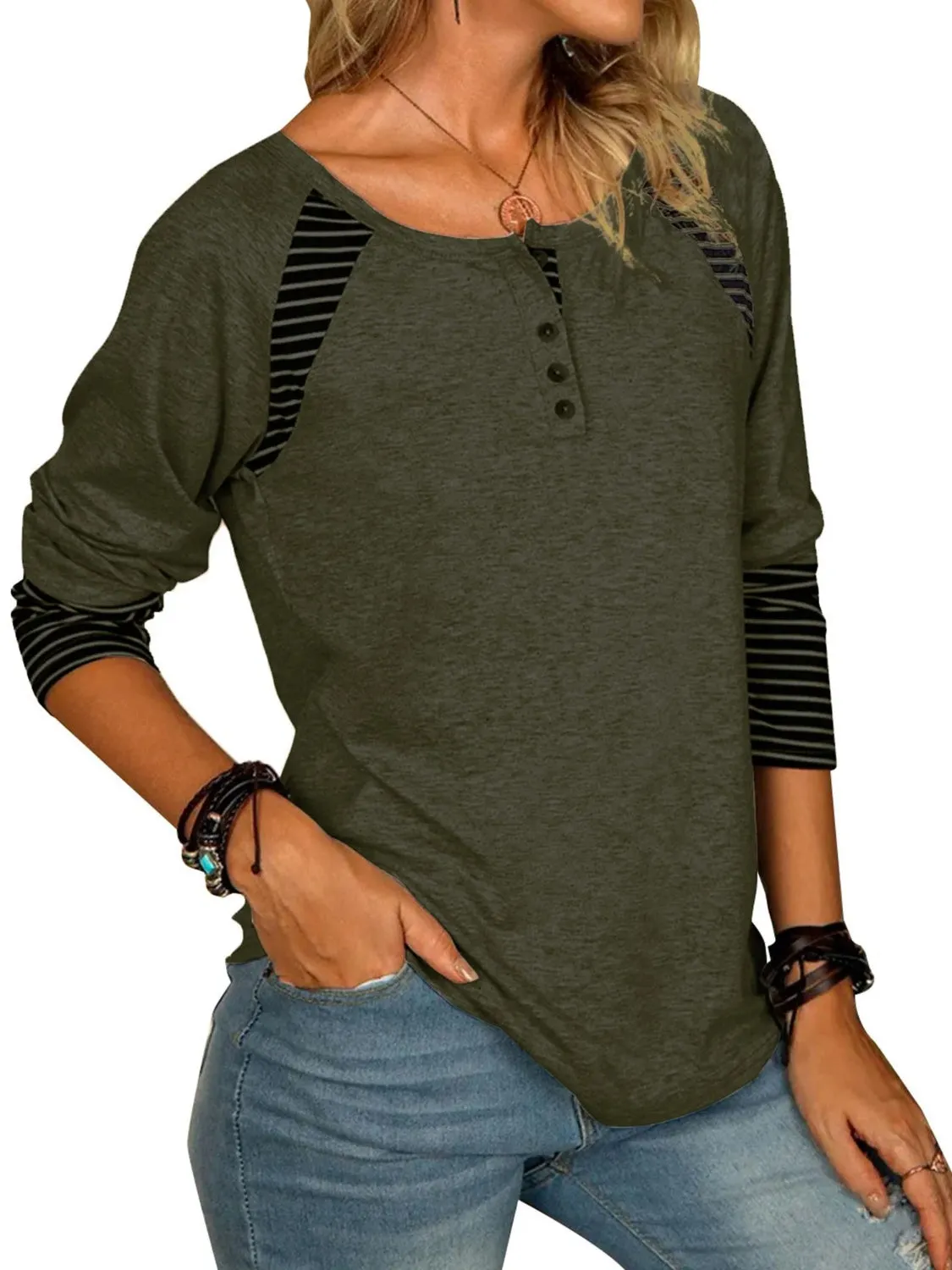 Full Size Striped Quarter Button Long Sleeve Top (6 Colors)