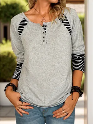 Full Size Striped Quarter Button Long Sleeve Top (6 Colors)