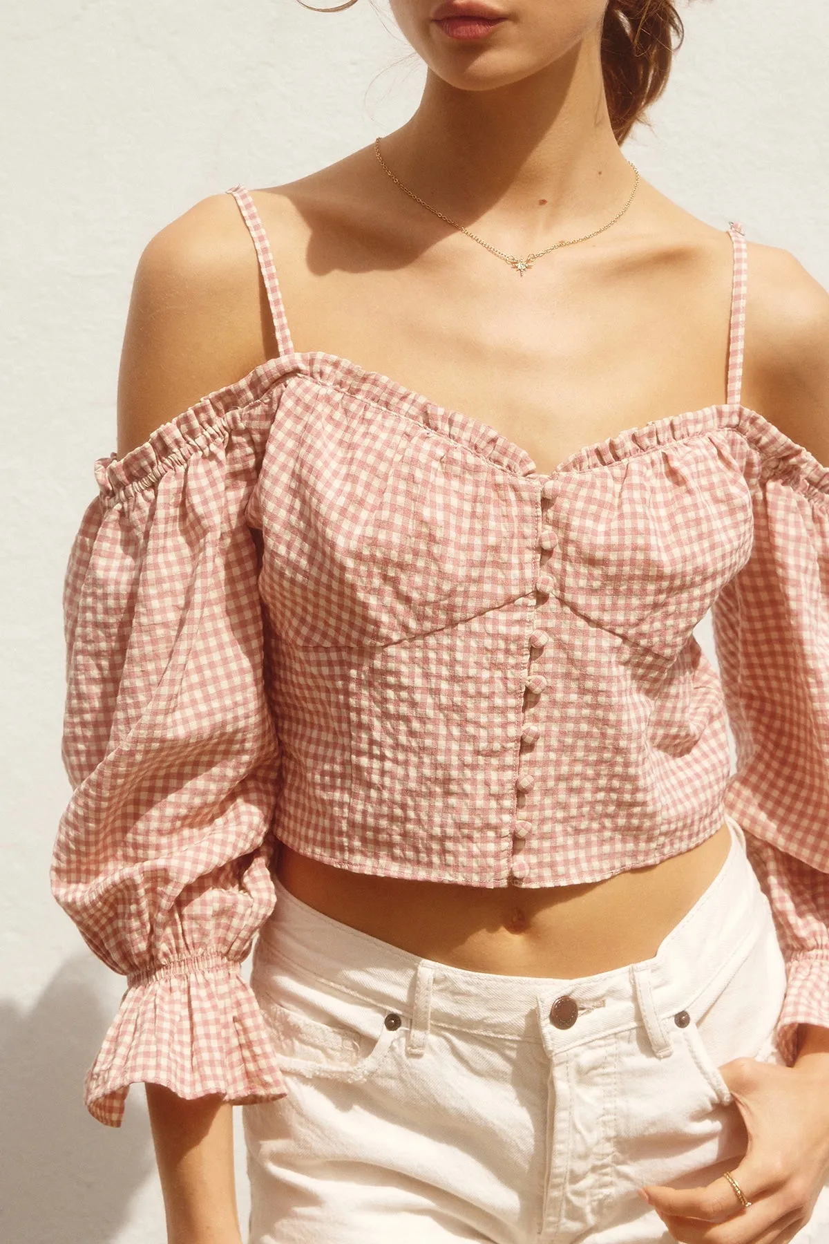 Gingham Cold Shoulder Blouse