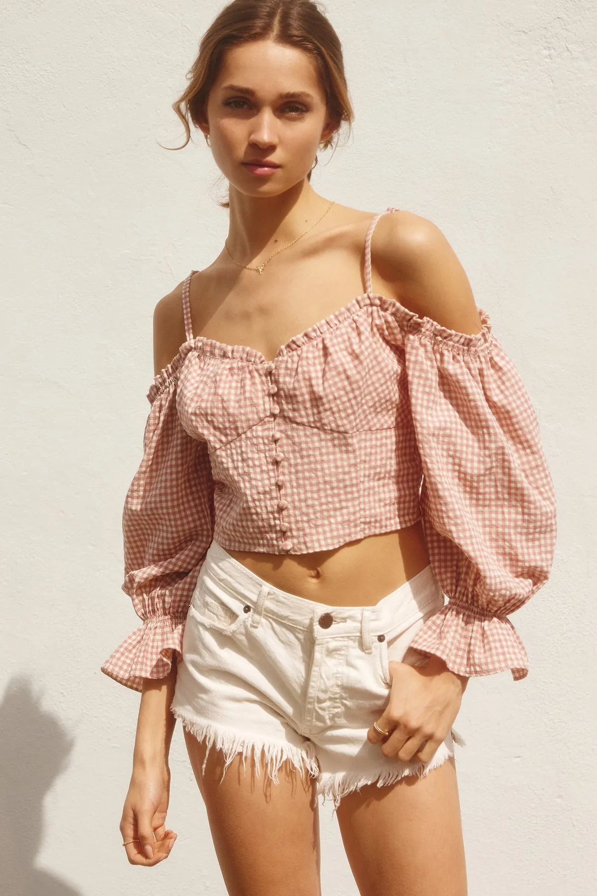 Gingham Cold Shoulder Blouse