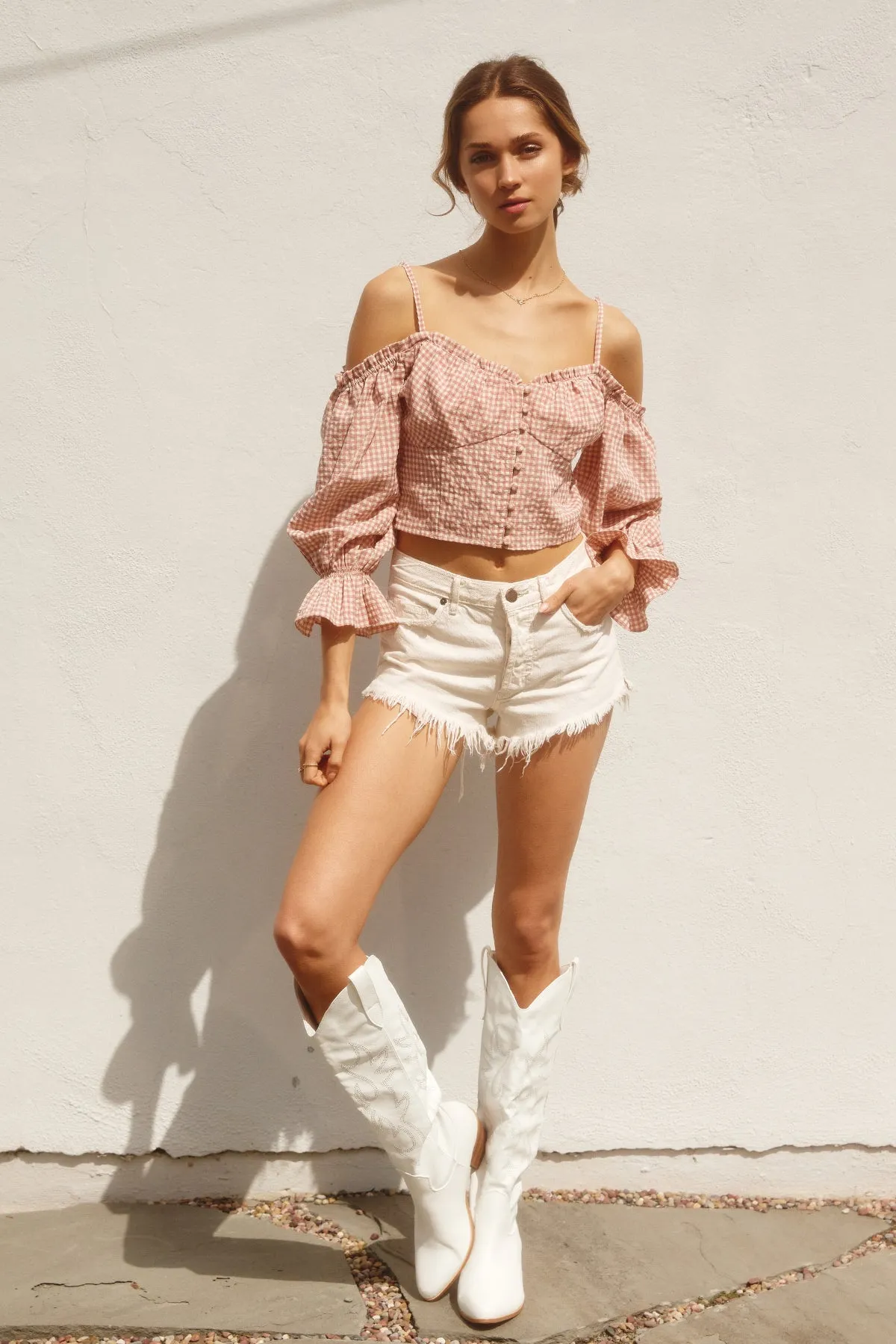 Gingham Cold Shoulder Blouse