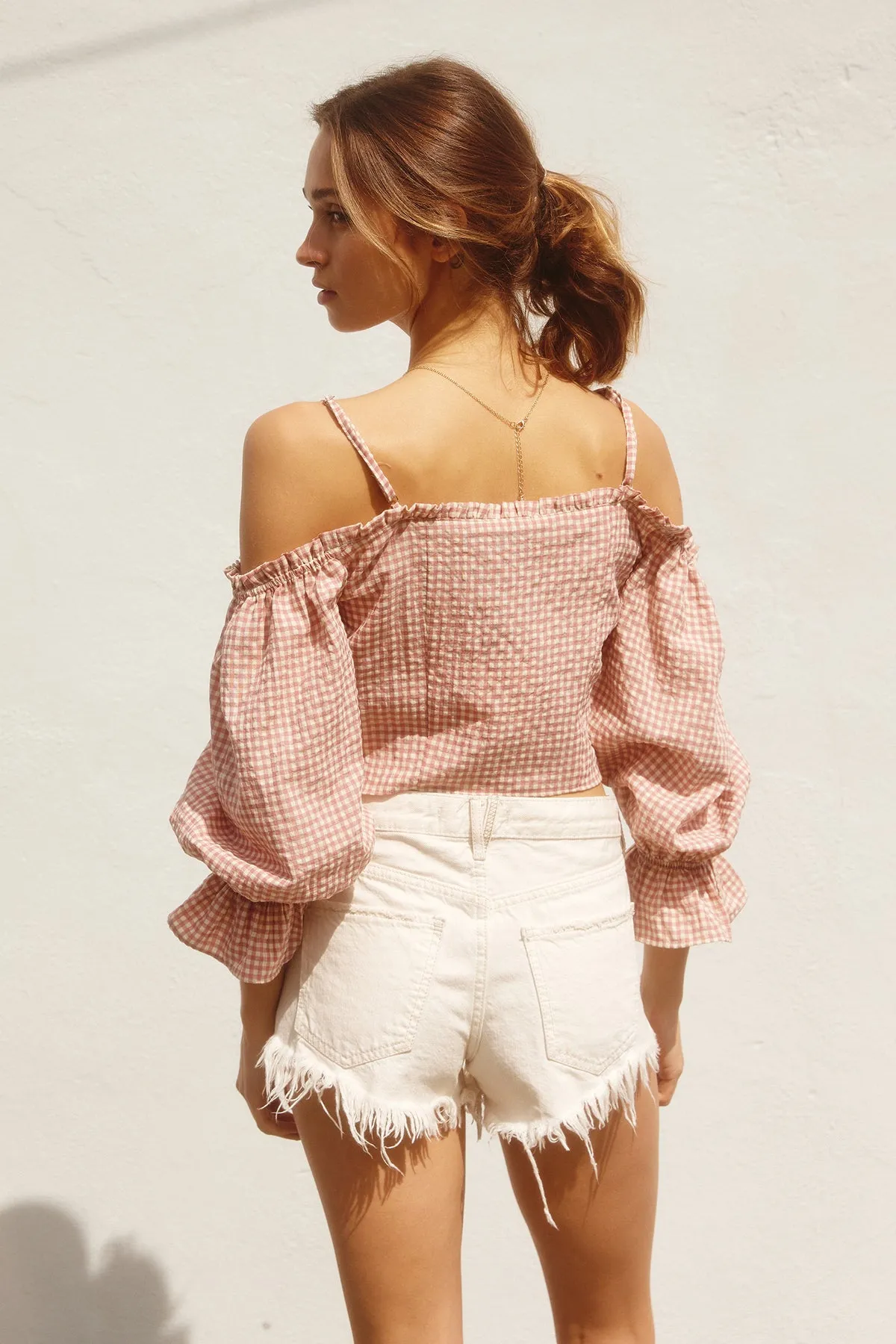 Gingham Cold Shoulder Blouse