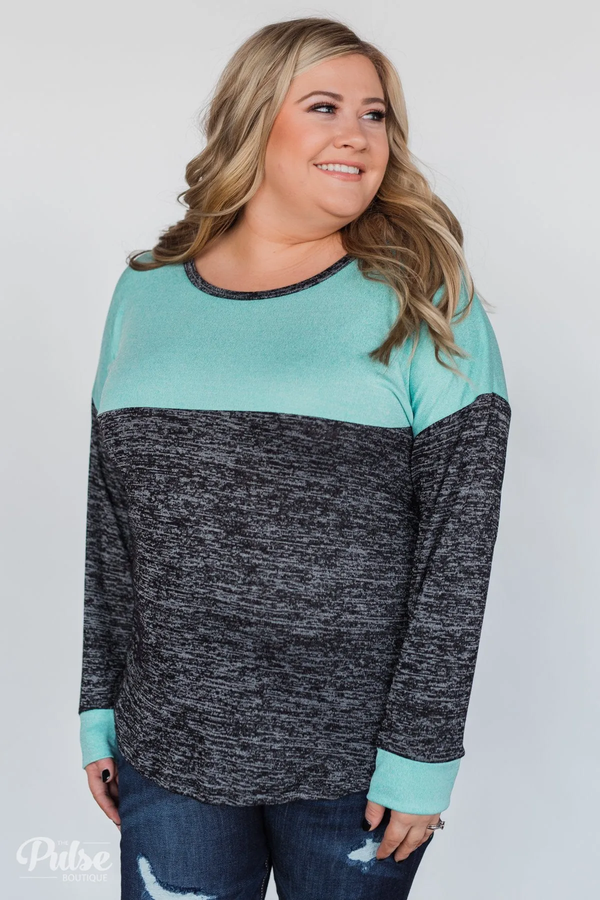 Good Feeling Color Block Top- Light Blue & Charcoal