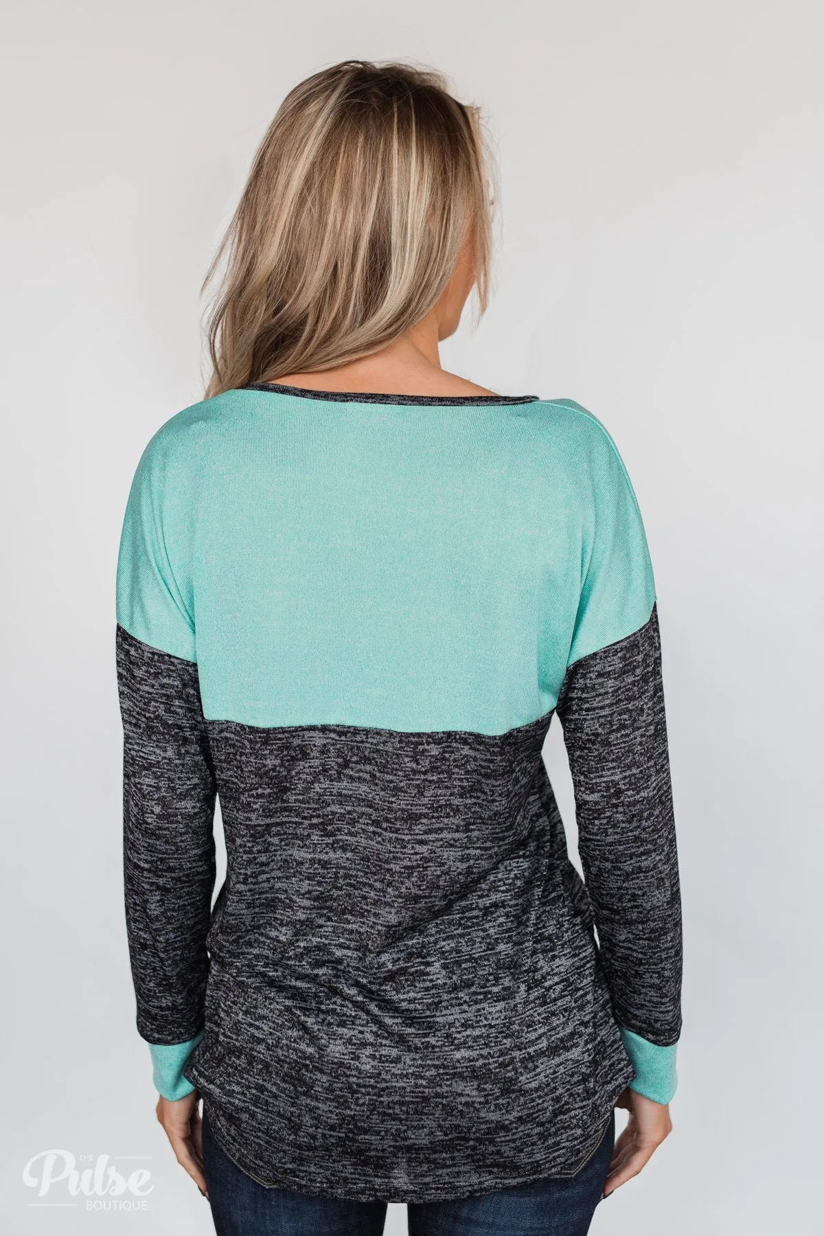 Good Feeling Color Block Top- Light Blue & Charcoal