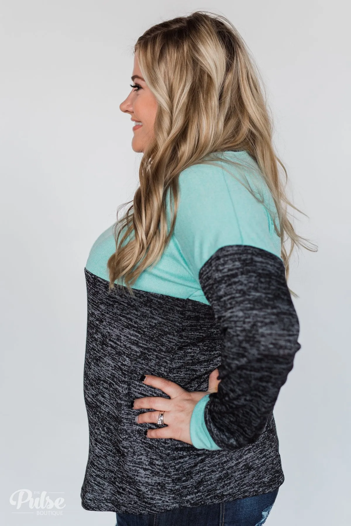 Good Feeling Color Block Top- Light Blue & Charcoal