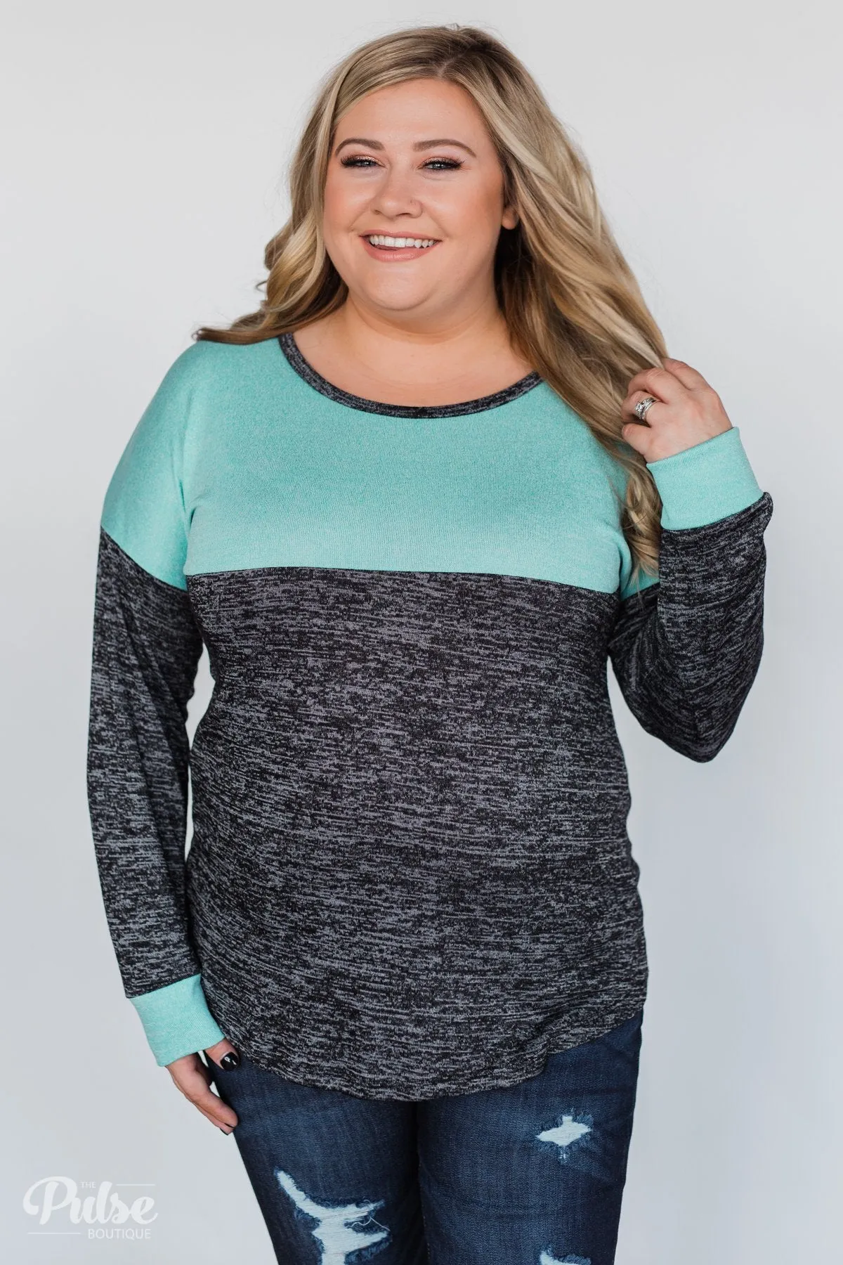Good Feeling Color Block Top- Light Blue & Charcoal
