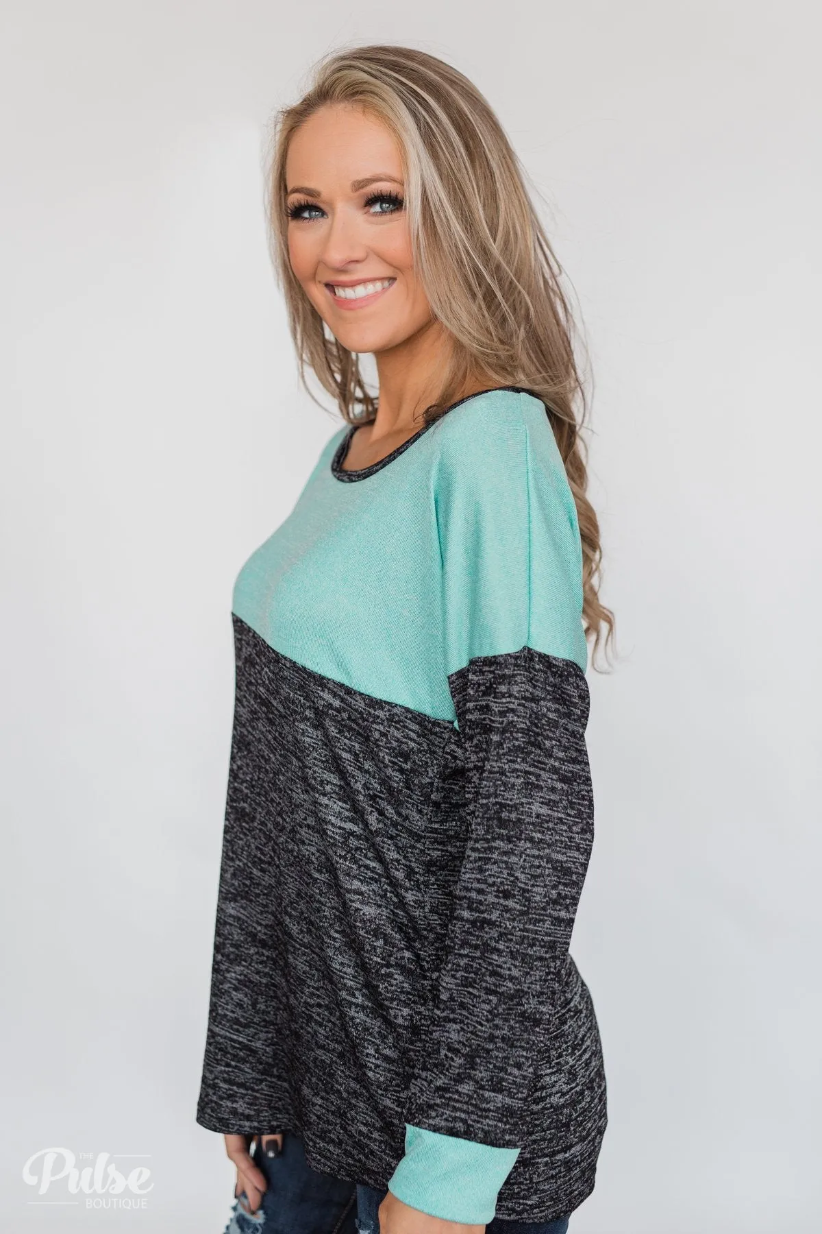 Good Feeling Color Block Top- Light Blue & Charcoal