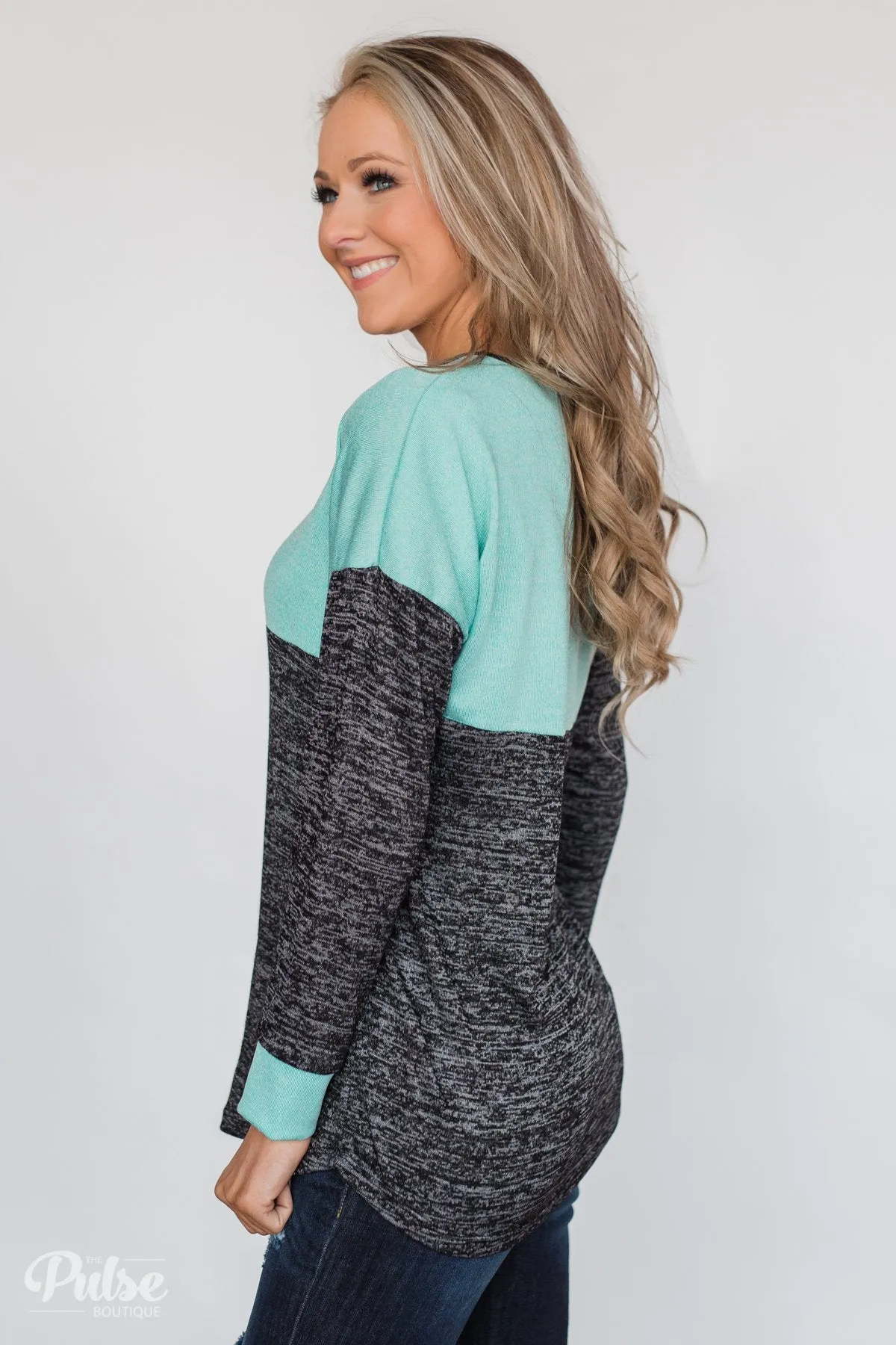 Good Feeling Color Block Top- Light Blue & Charcoal