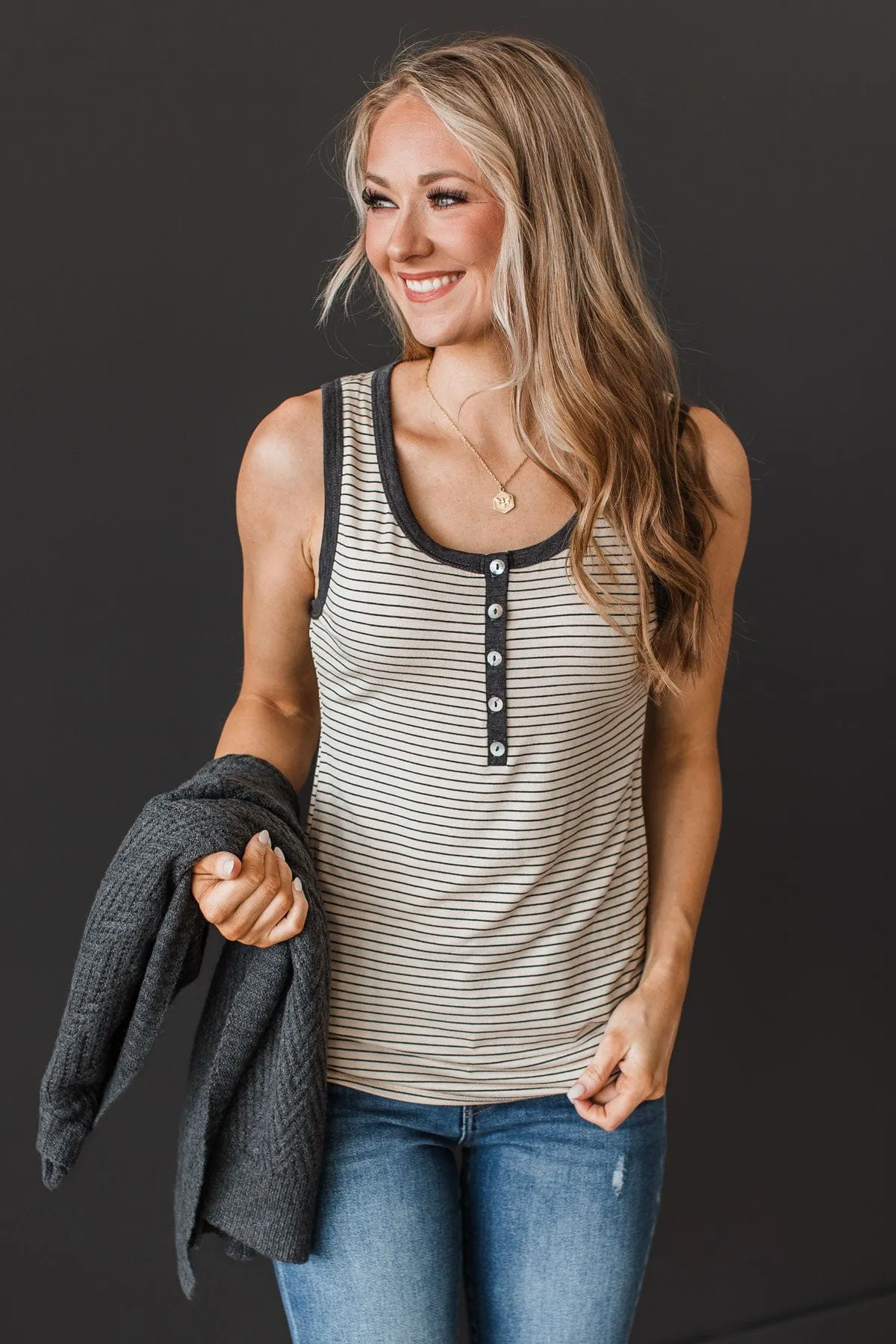 Good Impressions Button Tank Top- Oatmeal & Charcoal