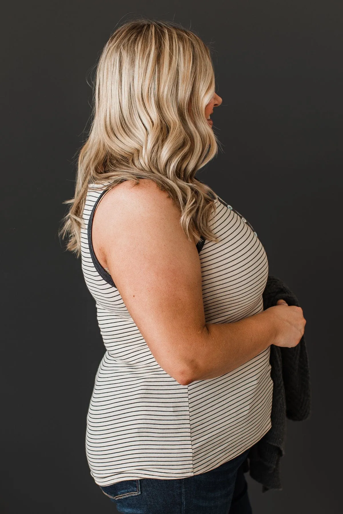 Good Impressions Button Tank Top- Oatmeal & Charcoal